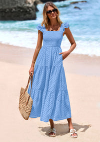 PRETTYGARDEN Womens Square Neck Maxi Dresses Cap Sleeve Eyelet Smocked Tiered A Line Flowy Long Dress with Pockets