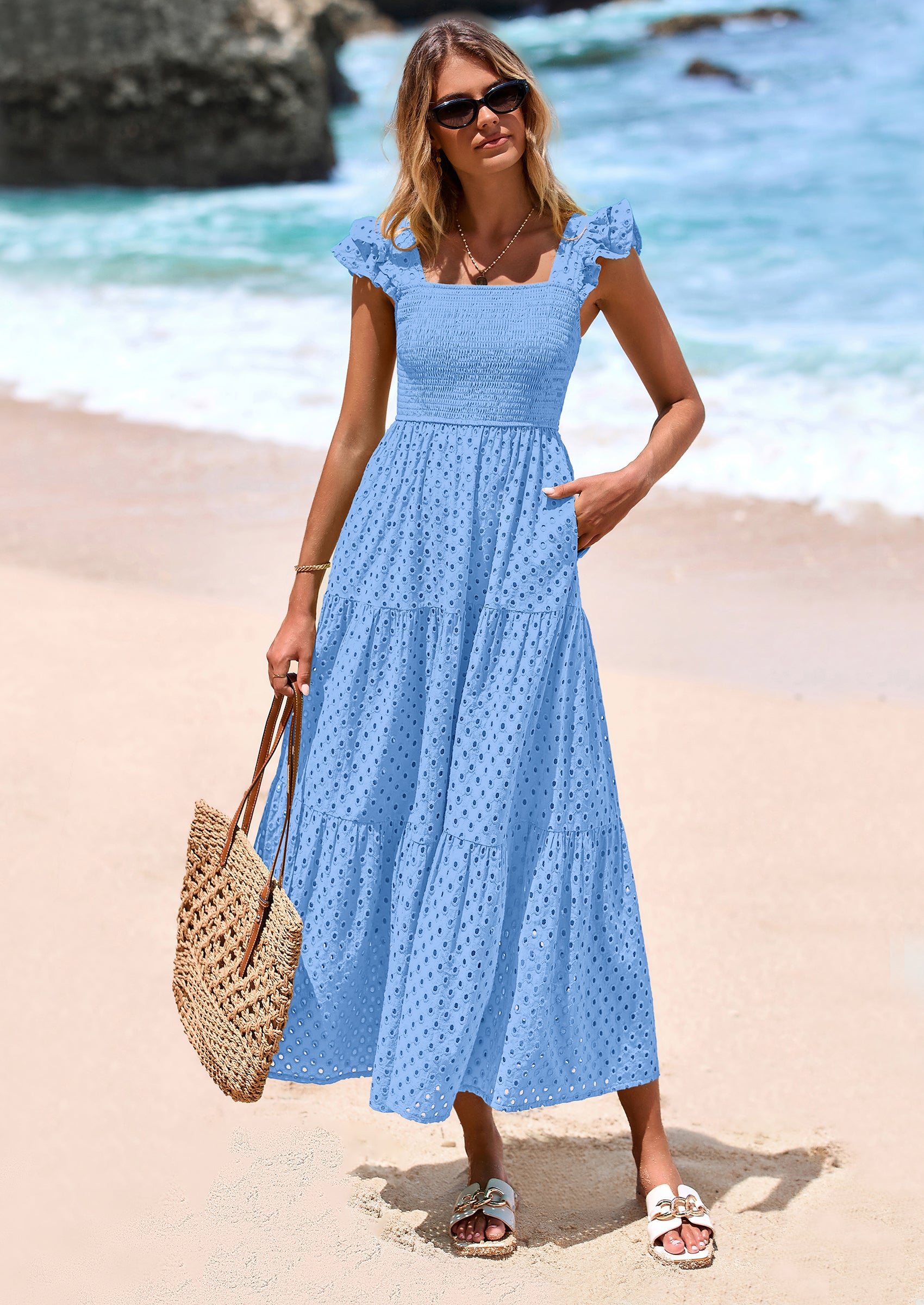 PRETTYGARDEN Womens Square Neck Maxi Dresses Cap Sleeve Eyelet Smocked Tiered A Line Flowy Long Dress with Pockets