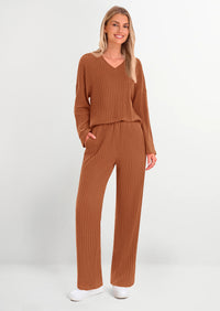 PRETTYGARDEN Women's 2 Piece Lounge Sets Ribbed Knit Long Sleeve V Neck Pullover Tops Wide Leg Pants Spring Fall Outfits