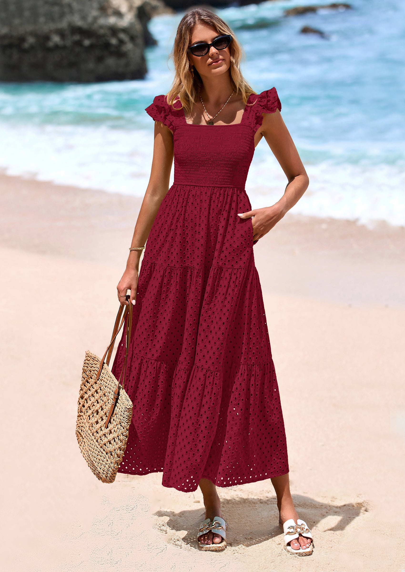 PRETTYGARDEN Womens Square Neck Maxi Dresses Cap Sleeve Eyelet Smocked Tiered A Line Flowy Long Dress with Pockets