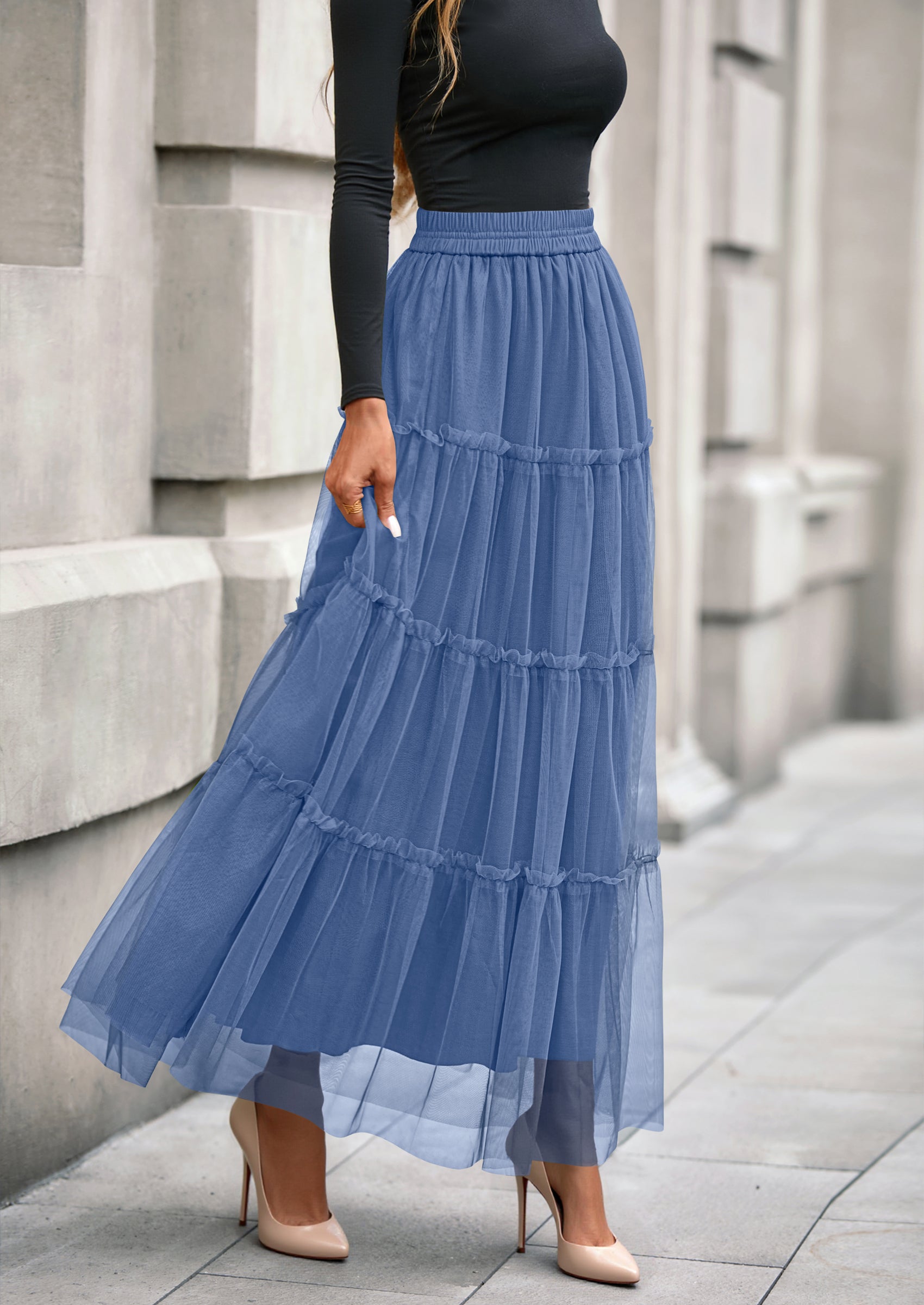 PRETTYGARDEN Maxi Skirts for Women Fall Tulle High Waisted Ruffle Flowy A-Line Long Skirt Country Concert Outfits