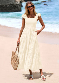 PRETTYGARDEN Womens Square Neck Maxi Dresses Cap Sleeve Eyelet Smocked Tiered A Line Flowy Long Dress with Pockets