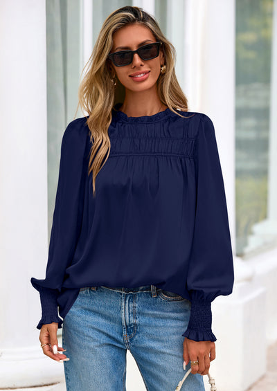 PRETTYGARDEN Blouses for Women Dressy Casual Fall Outfits Frill Neck Long Sleeve Shirts Satin Work Business Casual Tops