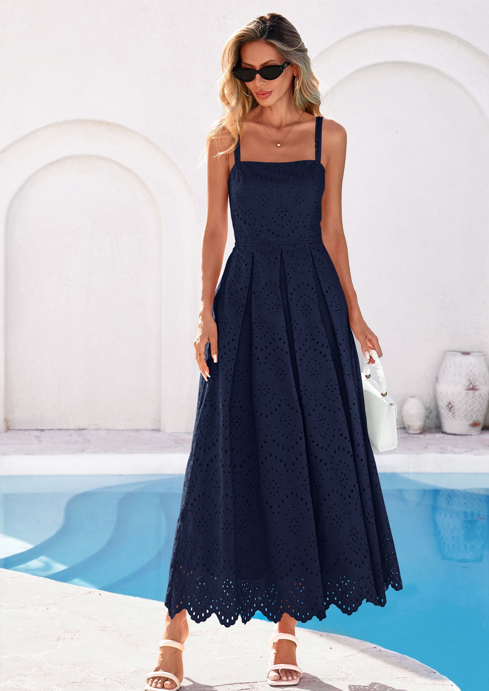 PRETTYGARDEN Womens Sleeveless Maxi Summer Dresses Hollow Out Eyelet Square Neck Ruffle Flowy Beach Vacation Sundress PRETTYGARDEN