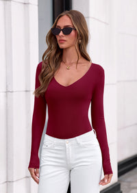 PRETTYGARDEN Bodysuits for Women Fall Long Sleeve Shirts V Neck Slim Fitted Basic Tees Going Out Tops Fashion Clothing