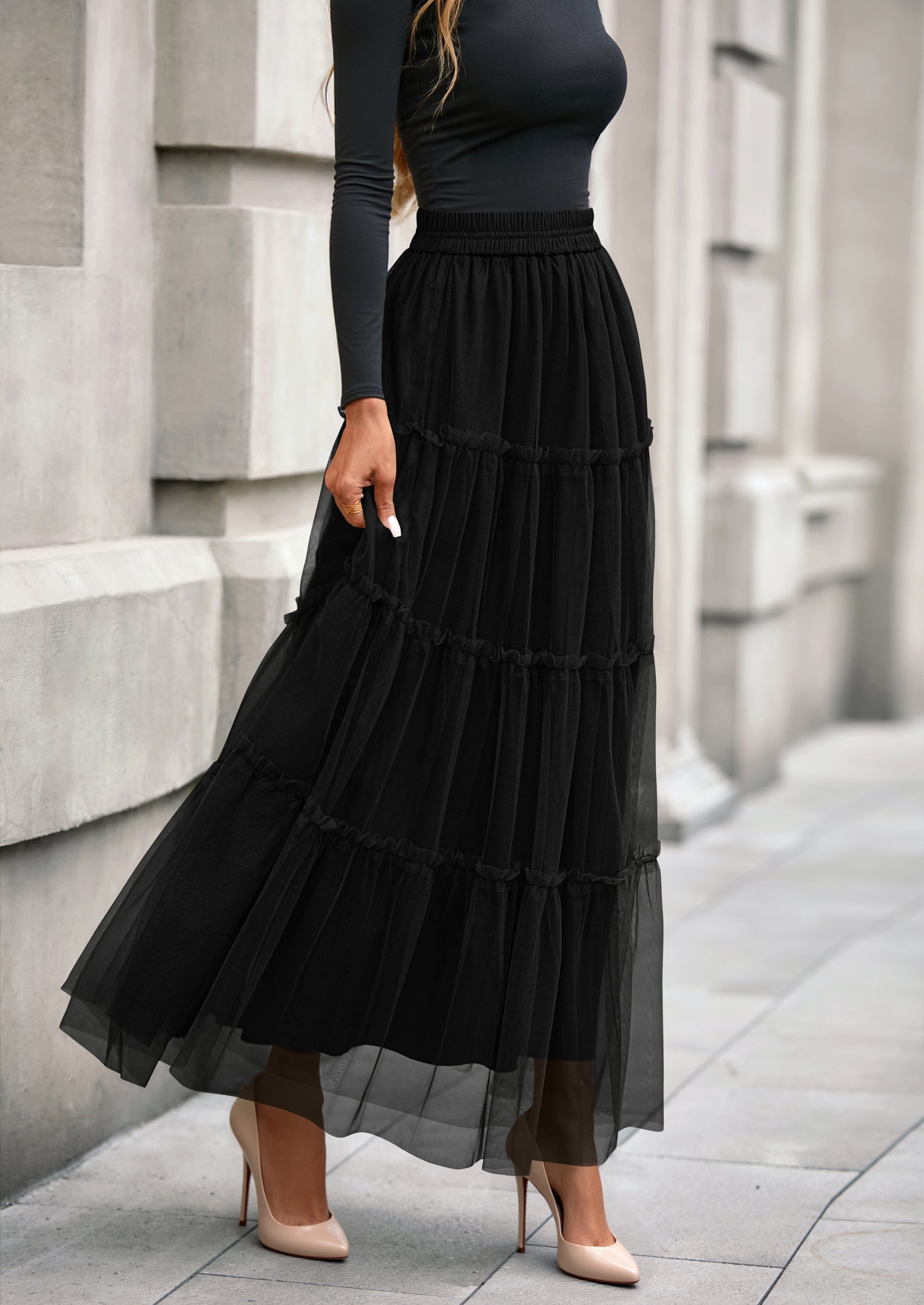 PRETTYGARDEN Maxi Skirts for Women Fall Tulle High Waisted Ruffle Flow PRETTYGARDEN Maxi Skirts for Women Fall Tulle High Waisted Ruffle Flow
