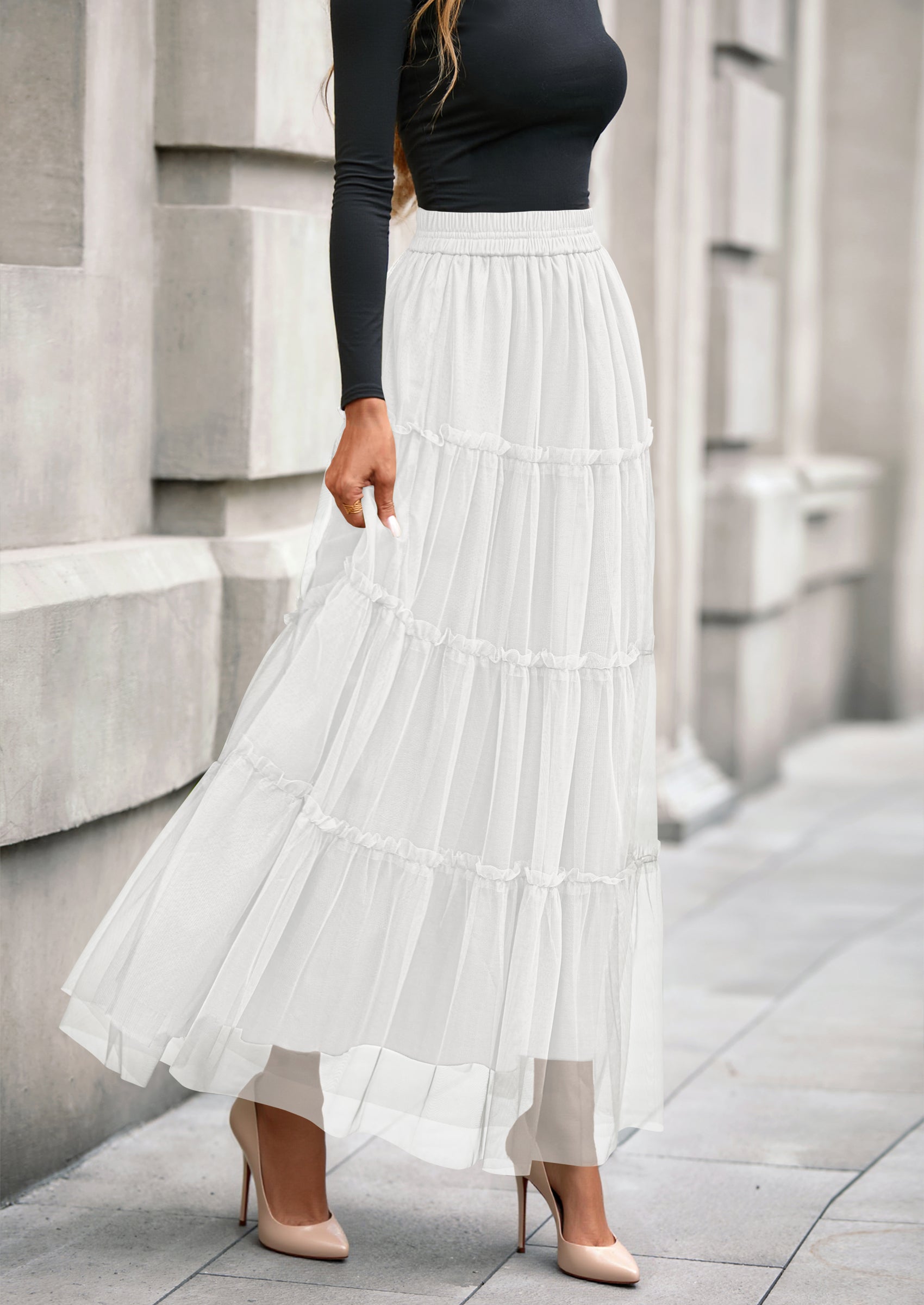 PRETTYGARDEN Maxi Skirts for Women Fall Tulle High Waisted Ruffle Flowy A-Line Long Skirt Country Concert Outfits