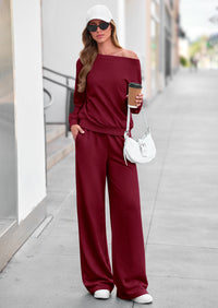 PRETTYGARDEN Womens 2 Piece Casual Matching Lounge Sets  Fashion Off the Shoulder Sweatshirt, Wide Leg Pants with Pockets, Comfy Airport Travel Outfit, 2026 Trendy Fall Set