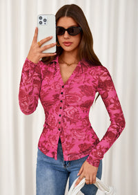 PRETTYGARDEN Women Button Down Floral Shirts Fall Trendy Long Sleeve V Neck Ruched Fitted Mesh Blouse Tops Date Outfits