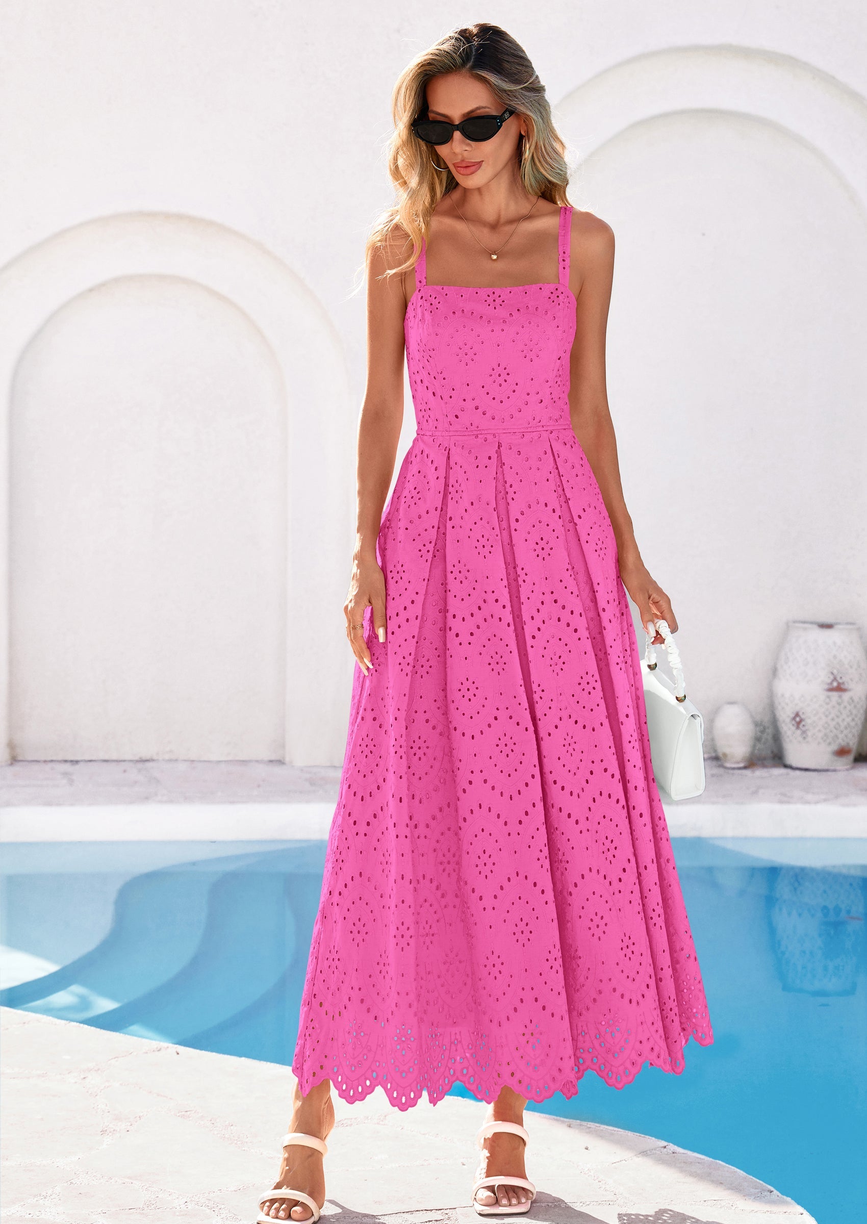 PRETTYGARDEN Womens Sleeveless Maxi Summer Dresses Hollow Out Eyelet Square Neck Ruffle Flowy Beach Vacation Sundress PRETTYGARDEN