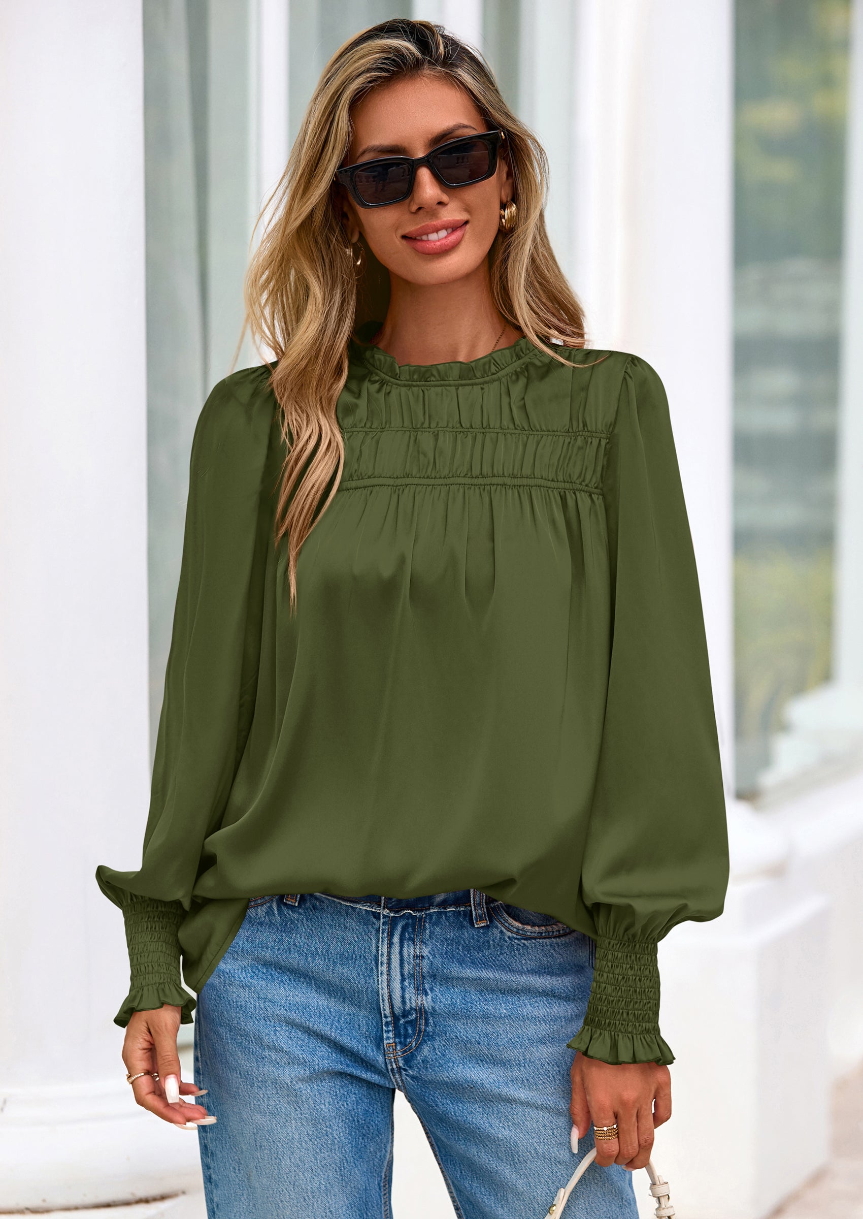 PRETTYGARDEN Blouses for Women Dressy Casual Fall Outfits Frill Neck Long Sleeve Shirts Satin Work Business Casual Tops