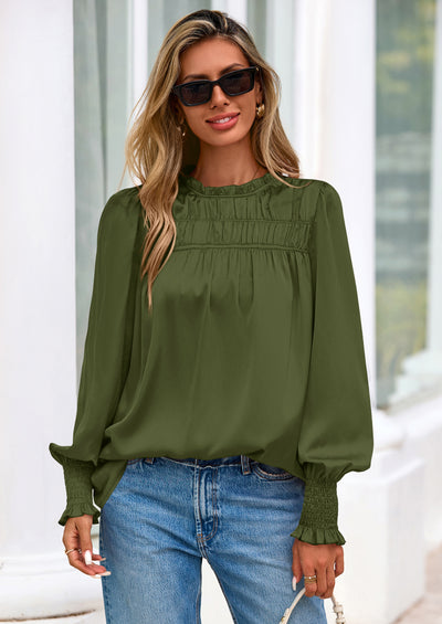 PRETTYGARDEN Blouses for Women Dressy Casual Fall Outfits Frill Neck Long Sleeve Shirts Satin Work Business Casual Tops