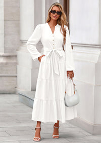 PRETTYGARDEN Fall Dresses for Women Long Sleeve V Neck Belted Ruffle A Line Flowy Boho Maxi Wedding Guest Dress Pockets