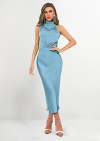 PRETTYGARDEN Women's Summer Satin Dress Elegant Sleeveless Mock Neck Cocktail Party Maxi Dresses
