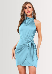PRETTYGARDEN Women's Short Formal Satin Dress Summer Sleeveless Mock Neck Tie Waist Cocktail Party Dresses