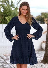 BTFBM Spring Dresses for Women 2026 Long Sleeve Casual V Neck Swiss Dot Smocked Ruffle Chiffon Flowy Mini Summer Dress PRETTYGARDEN