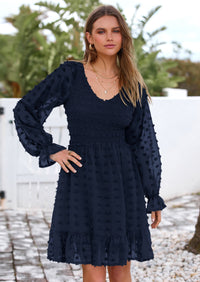 BTFBM Spring Dresses for Women 2026 Long Sleeve Casual V Neck Swiss Dot Smocked Ruffle Chiffon Flowy Mini Summer Dress PRETTYGARDEN