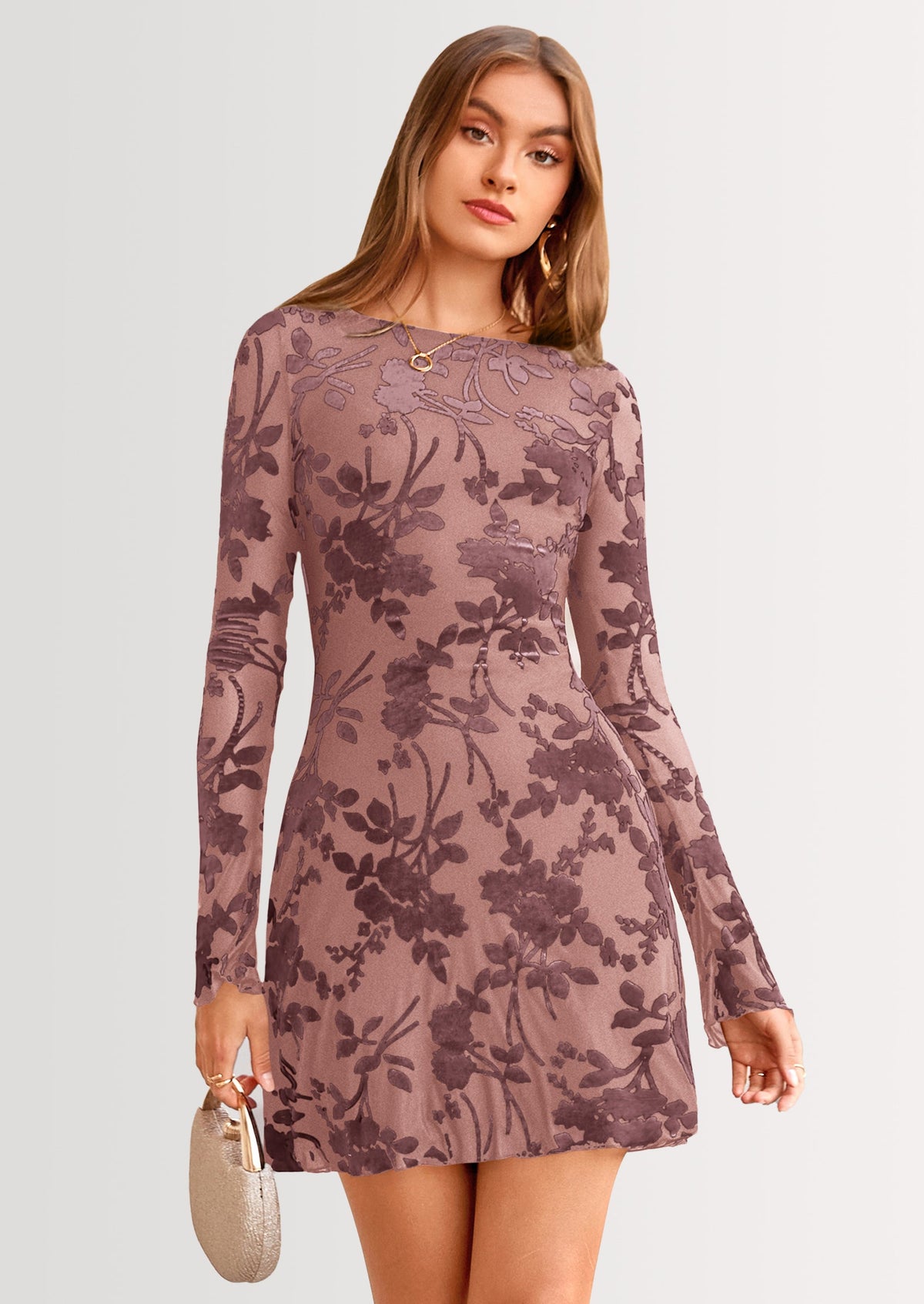 PRETTYGARDEN Women's Fall Fashion Floral Long Sleeve Mini Dress Mesh Bodycon Short Party Date Night Going Out Dresses PRETTYGARDEN