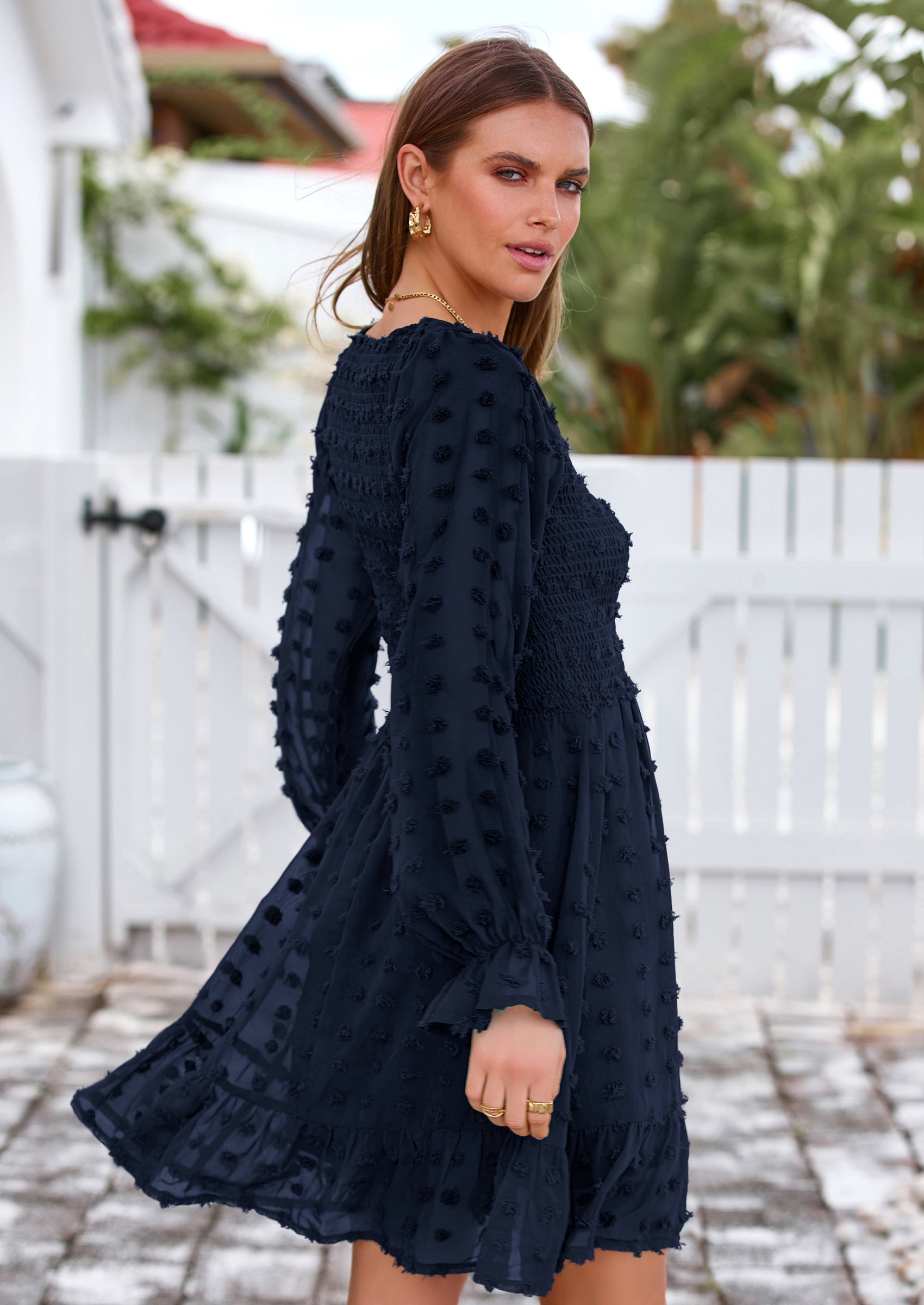 BTFBM Spring Dresses for Women 2026 Long Sleeve Casual V Neck Swiss Dot Smocked Ruffle Chiffon Flowy Mini Summer Dress PRETTYGARDEN