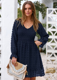 BTFBM Spring Dresses for Women 2026 Long Sleeve Casual V Neck Swiss Dot Smocked Ruffle Chiffon Flowy Mini Summer Dress PRETTYGARDEN