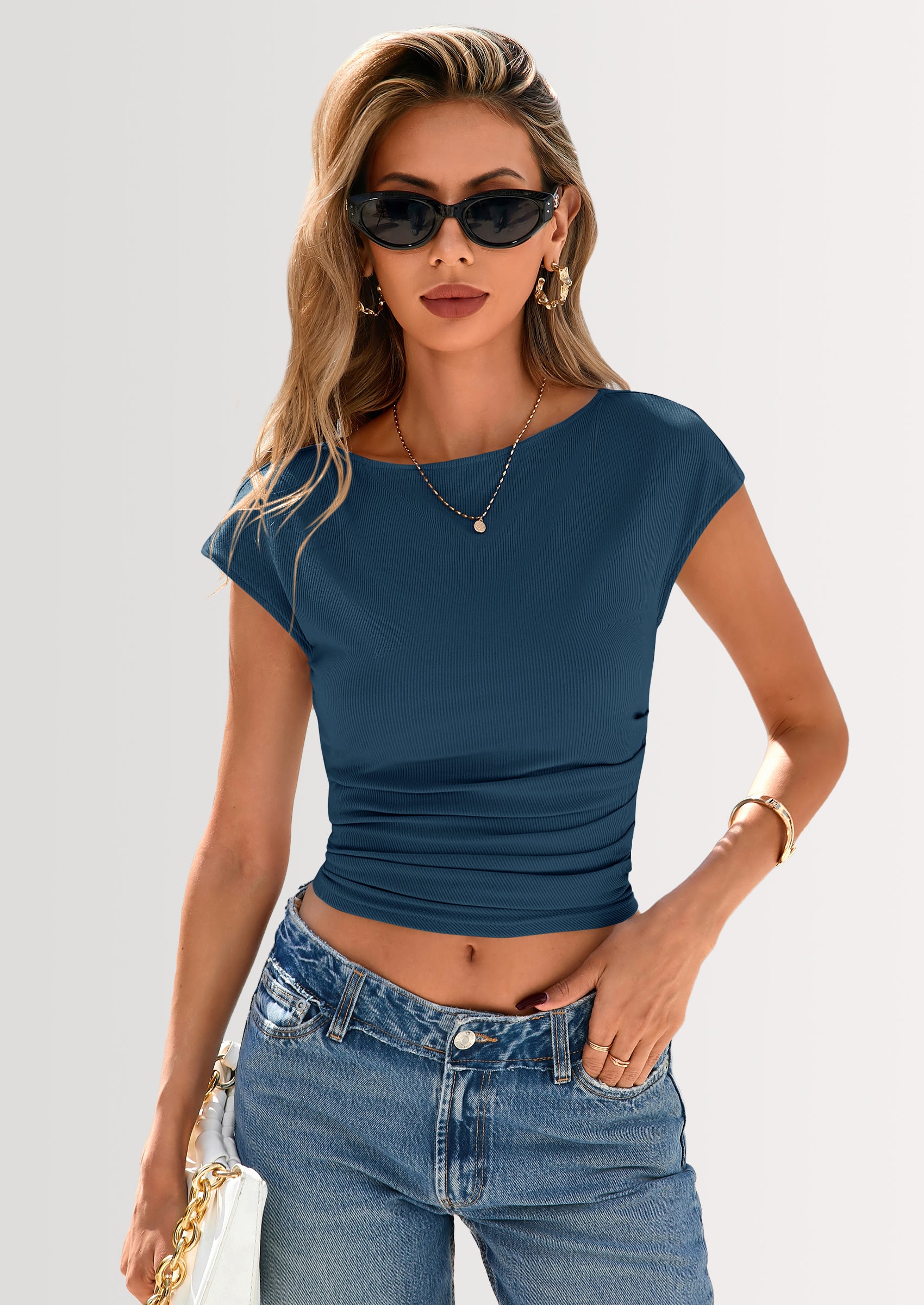 PRETTYGARDEN Women's Ruched Crop Tank Tops Summer Trendy Cap Sleeve Ribbed Knit Basic Fitted Going Out Tee Shirts