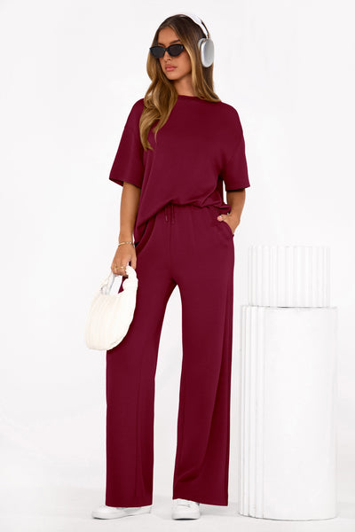 PRETTYGARDEN Women's Summer 2 Piece Lounge Set Short Sleeve Tops Wide Leg Pants Spring Vacation Travel Outfits Clothes PRETTYGARDEN