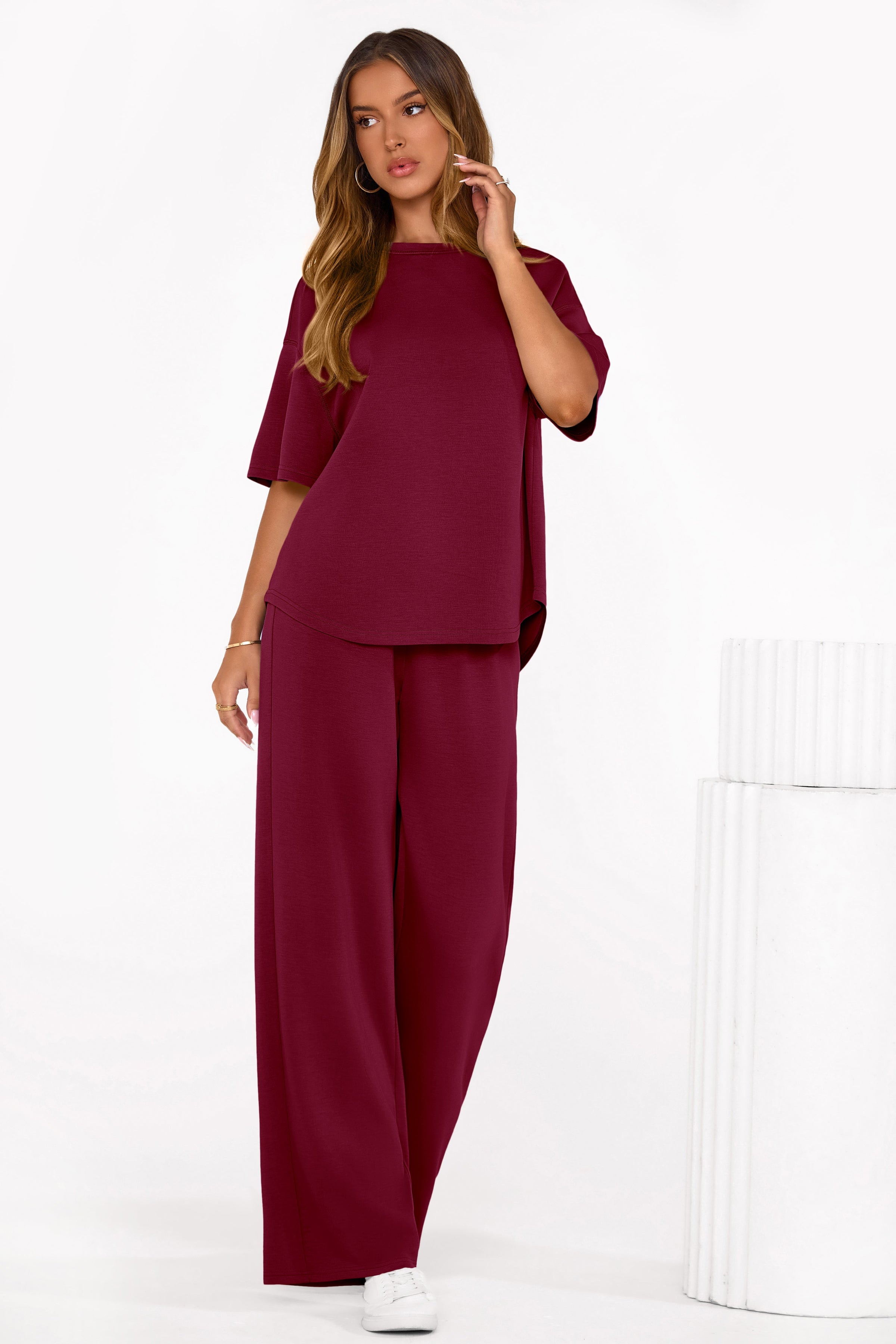 PRETTYGARDEN Women's Summer 2 Piece Lounge Set Short Sleeve Tops Wide Leg Pants Spring Vacation Travel Outfits Clothes PRETTYGARDEN