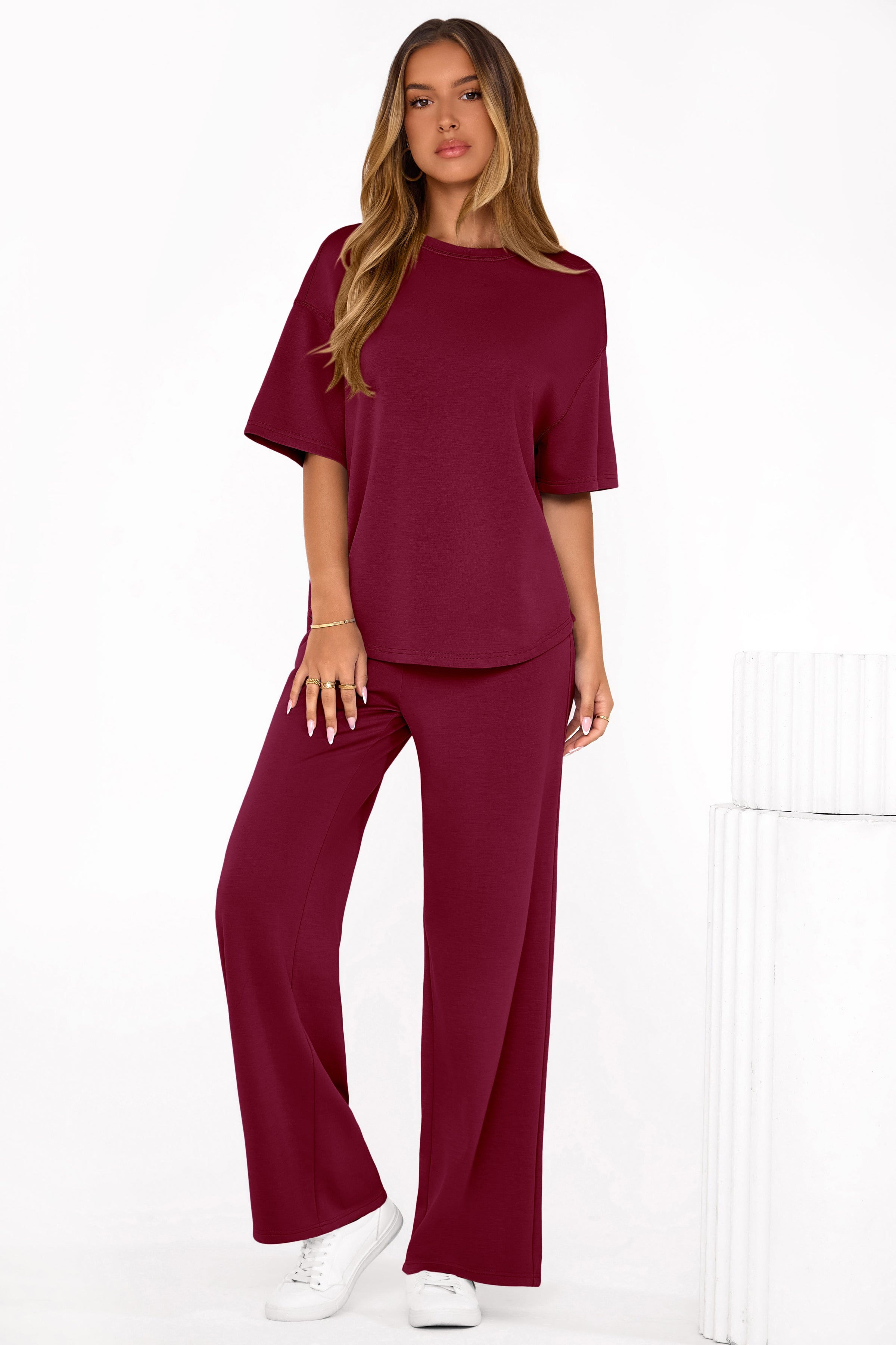 PRETTYGARDEN Women's Summer 2 Piece Lounge Set Short Sleeve Tops Wide Leg Pants Spring Vacation Travel Outfits Clothes PRETTYGARDEN