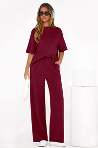 PRETTYGARDEN Women's Summer 2 Piece Lounge Set Short Sleeve Tops Wide Leg Pants Spring Vacation Travel Outfits Clothes PRETTYGARDEN