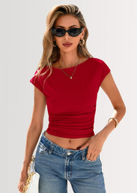 PRETTYGARDEN Women's Ruched Crop Tank Tops Summer Trendy Cap Sleeve Ribbed Knit Basic Fitted Going Out Tee Shirts