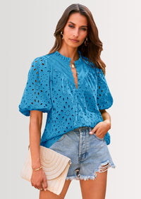 PRETTYGARDEN Women's Summer Short Sleeve Tops Dressy Casual Buttons V Neck Hollow Out Lace Embroidered Blouses Shirts