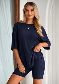 PRETTYGARDEN Women's Two Piece Lounge Set Summer Casual Oversized Shirts Biker Shorts Matching Airport Travel Outfit