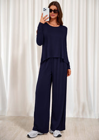 PRETTYGARDEN Women's 2 Piece Fall Sets  Casual Long Sleeve Shirts Wide Leg Pants Lounge Travel Outfits Fashion Clothing