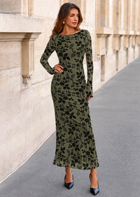 PRETTYGARDEN Women's Floral Bodycon Maxi Dress Fall Elegant Mesh Long Sleeve Formal Wedding Guest Cocktail Dresses