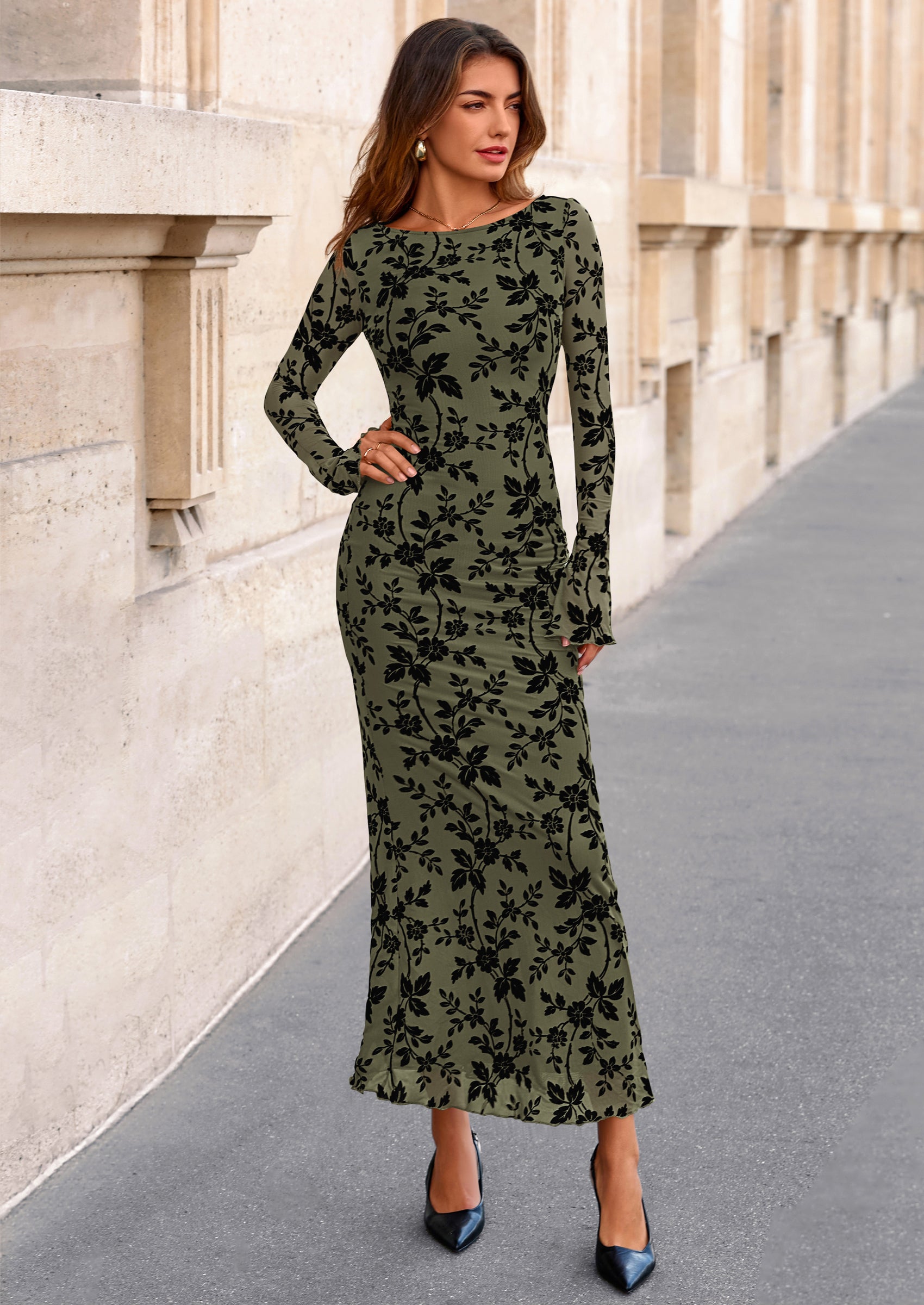 PRETTYGARDEN Women's Floral Bodycon Maxi Dress Fall Elegant Mesh Long Sleeve Formal Wedding Guest Cocktail Dresses