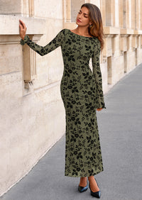 PRETTYGARDEN Women's Floral Bodycon Maxi Dress Fall Elegant Mesh Long Sleeve Formal Wedding Guest Cocktail Dresses