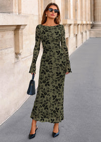 PRETTYGARDEN Women's Floral Bodycon Maxi Dress Fall Elegant Mesh Long Sleeve Formal Wedding Guest Cocktail Dresses