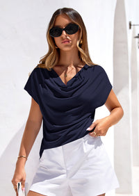 PRETTYGARDEN Blouses for Women Dressy Casual Summer Cowl Neck Short Sleeve Tops Spring Work Office Teacher Shirts PRETTYGARDEN