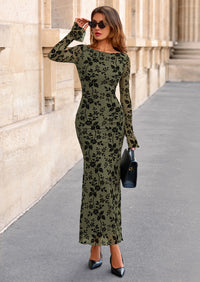 PRETTYGARDEN Women's Floral Bodycon Maxi Dress Fall Elegant Mesh Long Sleeve Formal Wedding Guest Cocktail Dresses