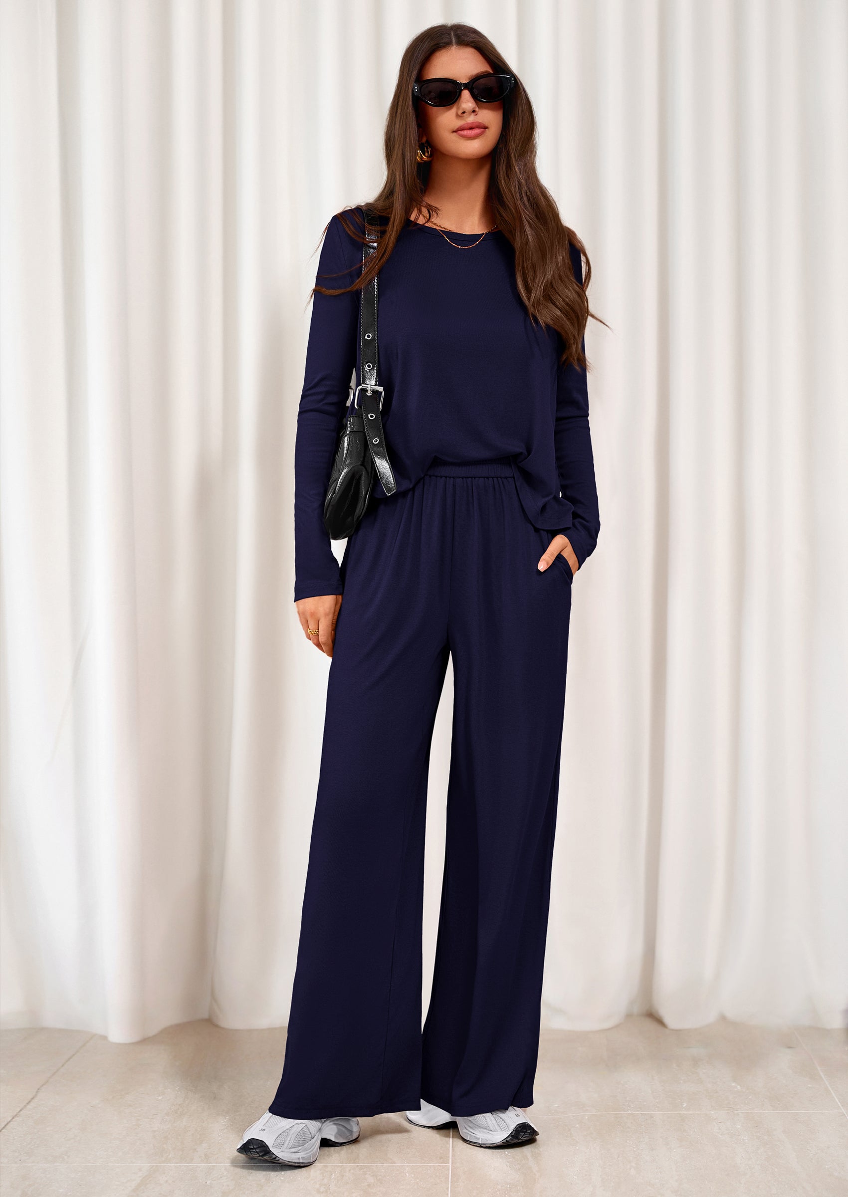 PRETTYGARDEN Women's 2 Piece Fall Sets  Casual Long Sleeve Shirts Wide Leg Pants Lounge Travel Outfits Fashion Clothing