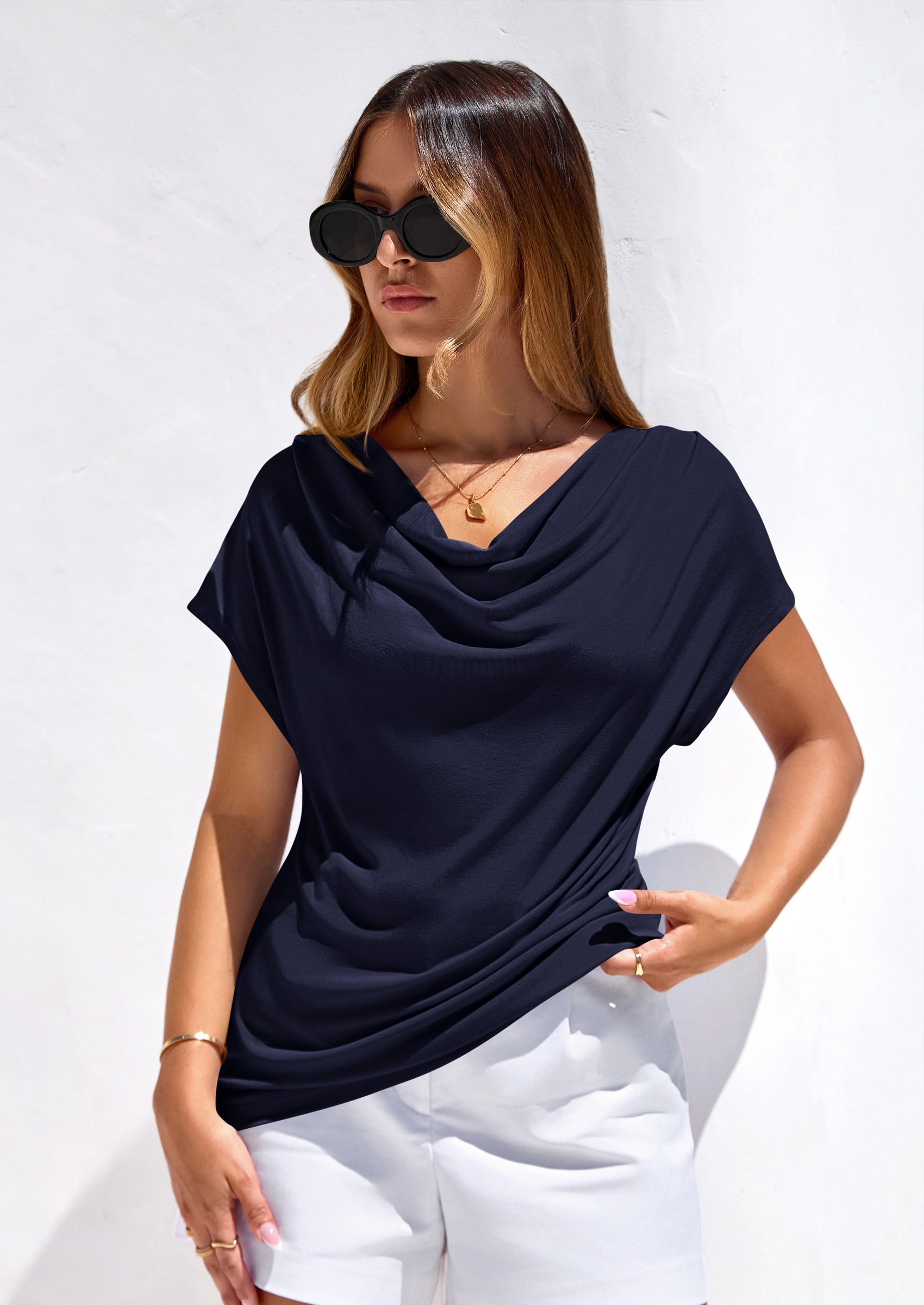 PRETTYGARDEN Blouses for Women Dressy Casual Summer Cowl Neck Short Sleeve Tops Spring Work Office Teacher Shirts PRETTYGARDEN