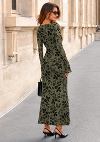 PRETTYGARDEN Women's Floral Bodycon Maxi Dress Fall Elegant Mesh Long Sleeve Formal Wedding Guest Cocktail Dresses