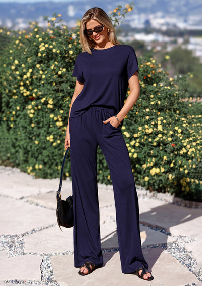 PRETTYGARDEN Women's Summer 2 Piece Matching Lounge Sets Short Sleeve Shirts Tops Wide Leg Pants Travel Airport Outfits
