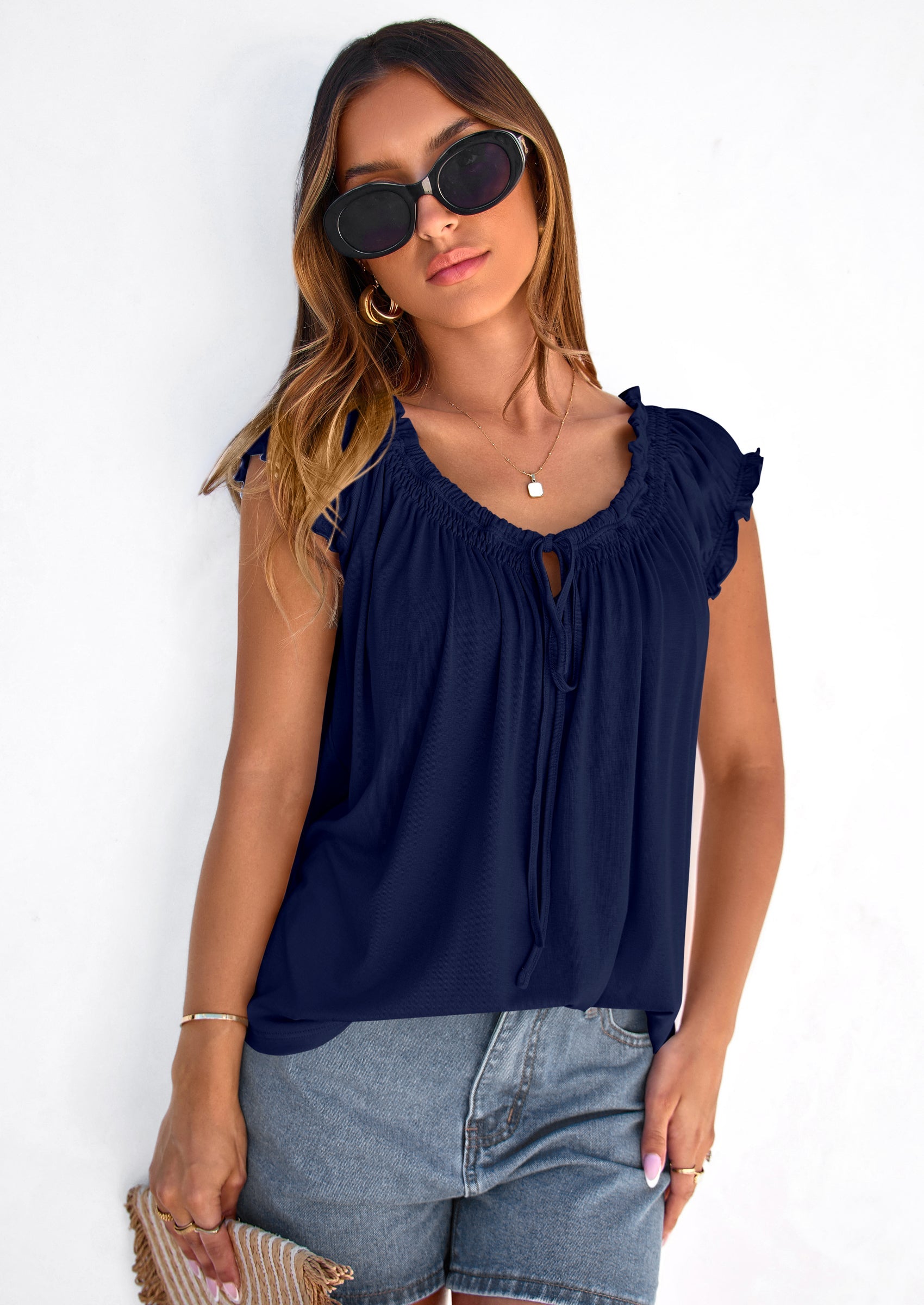 PRETTYGARDEN Womens Tie Front Tank Tops Summer Fashion Cap Sleeve Babydoll Blouses Flowy Shirts Spring Going Out Outfits PRETTYGARDEN