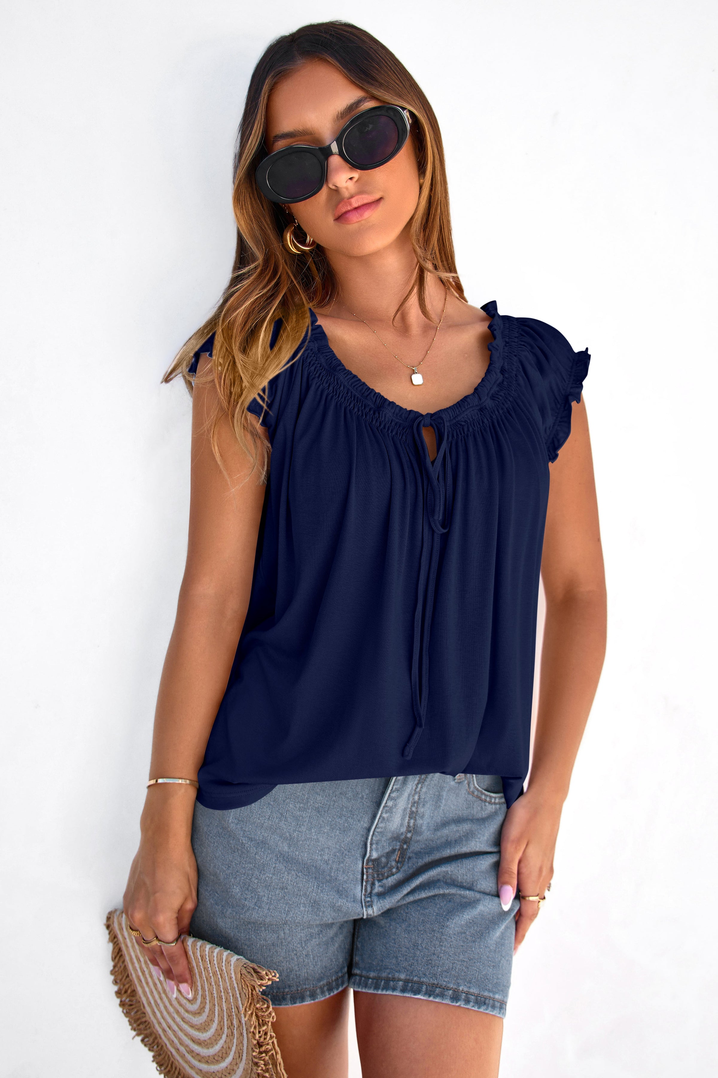 PRETTYGARDEN Womens Tie Front Tank Tops Summer Fashion Cap Sleeve Babydoll Blouses Flowy Shirts Spring Going Out Outfits PRETTYGARDEN