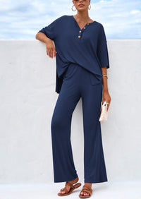 PRETTYGARDEN Women's 2 Piece Outfits Summer Casual V Neck Short Sleeve Tops Wide Leg Pants Matching Lounge Sets