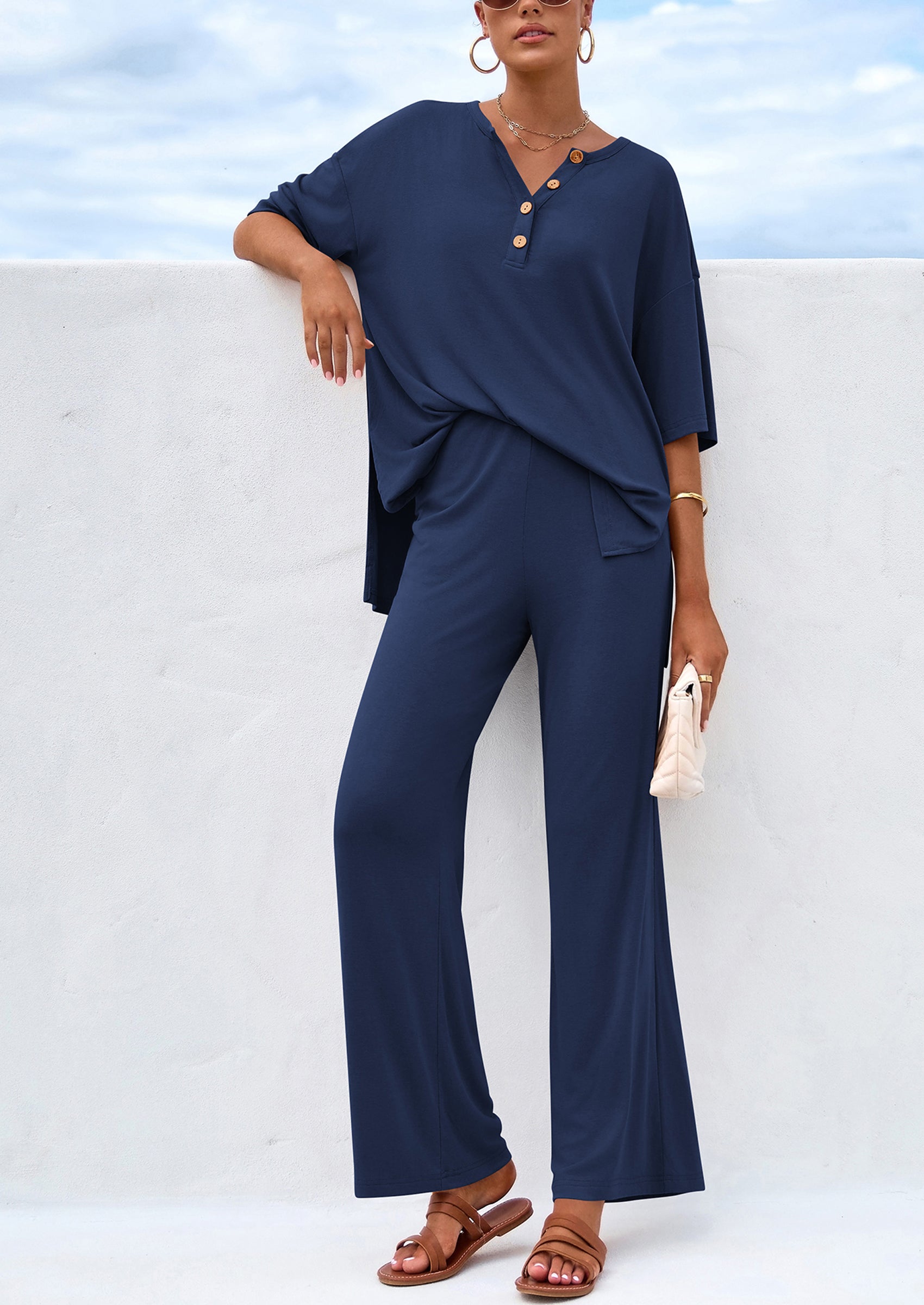 PRETTYGARDEN Women's 2 Piece Outfits Summer Casual V Neck Short Sleeve Tops Wide Leg Pants Matching Lounge Sets