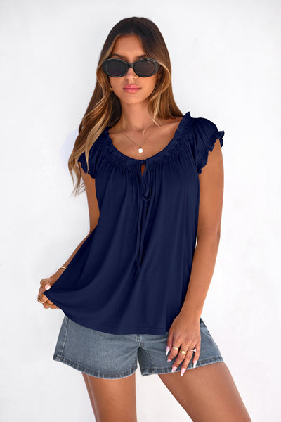 PRETTYGARDEN Womens Tie Front Tank Tops Summer Fashion Cap Sleeve Babydoll Blouses Flowy Shirts Spring Going Out Outfits PRETTYGARDEN