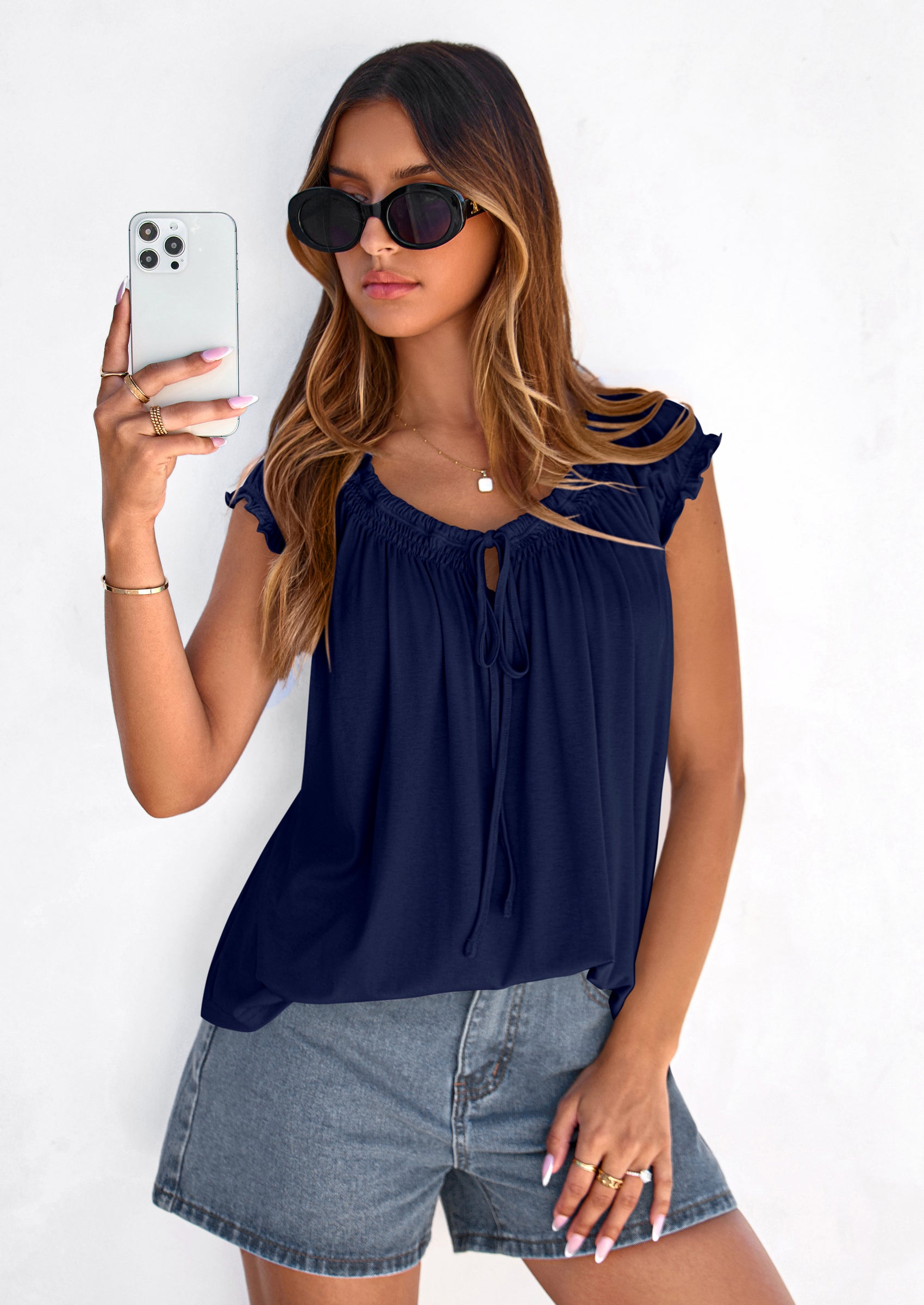 PRETTYGARDEN Womens Tie Front Tank Tops Summer Fashion Cap Sleeve Babydoll Blouses Flowy Shirts Spring Going Out Outfits PRETTYGARDEN