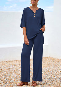 PRETTYGARDEN Women's 2 Piece Outfits Summer Casual V Neck Short Sleeve Tops Wide Leg Pants Matching Lounge Sets